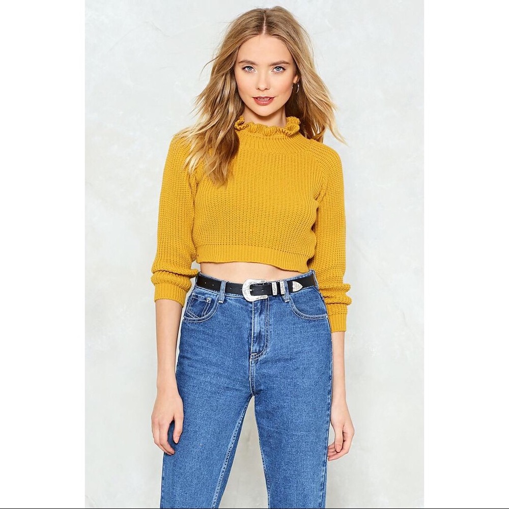 NWT Nasty Gal Mustard Cropped Ruffle Sweater